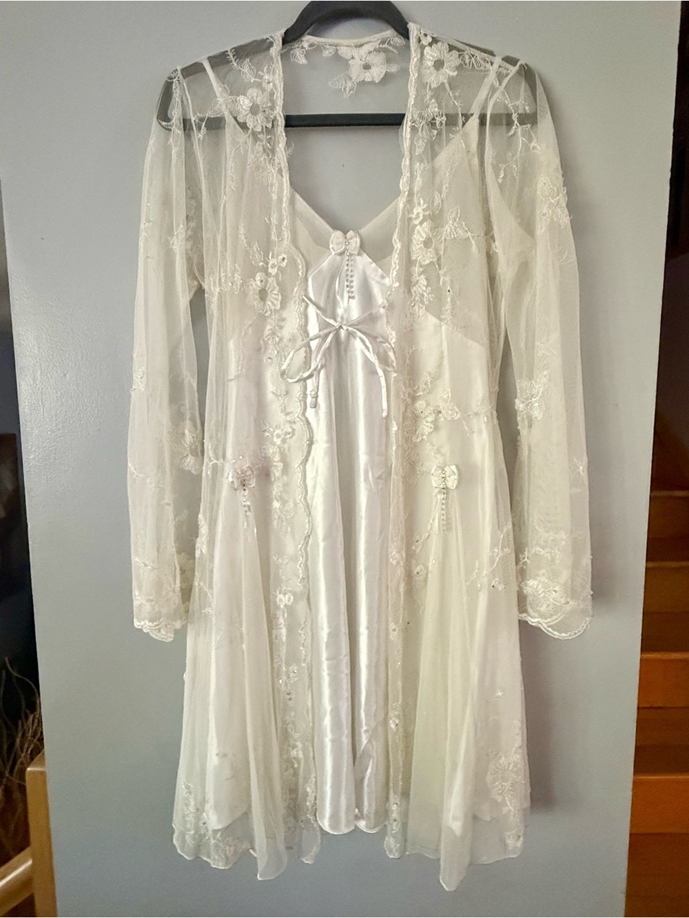 VTG 80s 90s Bridal Peignoir Set White Satin Nightgown Slip Sheer Lace Robe 2PC